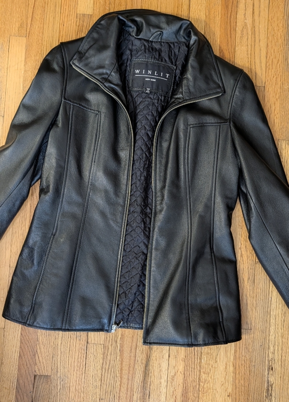 Winlit New York Genuine Leather Quilted Jacket | Black Mid-Length Coat Size M